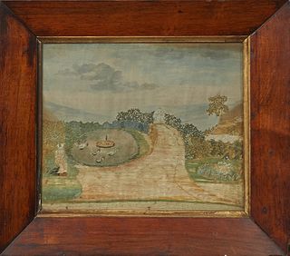 Continental Silk Embroidery Panel, of a woman in a garden with ducks in a fountain, 19th c., presented in a wide walnut frame with a gilt liner, H.- 8