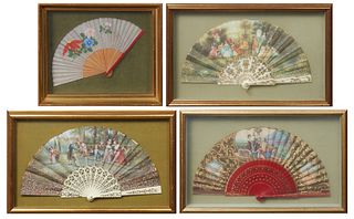Group of Four Folding Hand Fans, 19th c., consisting of a Chinese cloth example with floral decoration and bamboo spines; a continental example with a