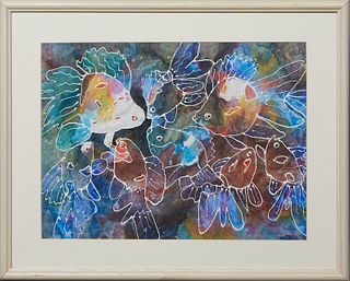 Doris Cowan (Louisiana), "Rainbow Fish," 20th c., watercolor on paper, signed lower right, presented in a bleached wood frame, H.- 12 in., W.- 16 in.,