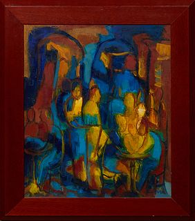 Catherine Poirite (French), "Parisian Cafe Scene in Primary Colors," 20th c., oil on canvas, signed lower right, presented in a wood frame, H.- 17 3/4