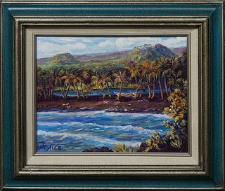 de Ponce (Hawaii), "Pumalu'u, Black Sands, Ka'a H.," 21st c., oil on canvas, signed lower left, titled en verso, presented in a painted wood frame, H.