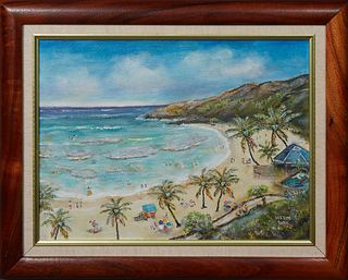 Herm Lau (Hawaii), "Hanauma Bay Oahu's Popular Beach Hawaii," 1999, oil on canvas, signed lower right, signed, dated and titled en verso, with artist 