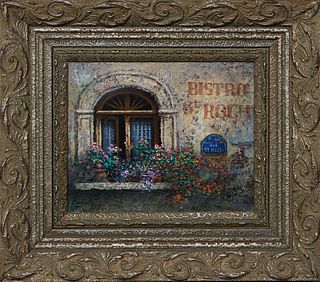 Chan (Paris), "Bistro St. Roch," 1999, oil on canvas, signed and dated lower left, presented in s polychromed wood frame, H.- 7 1/4 in., W.- 8 7/8 in.