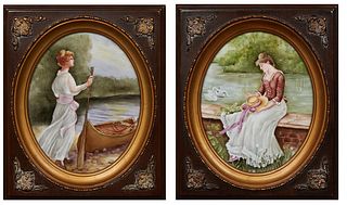 Dot Savoy (American), Two Porcelain Plaques, 2007, One of a woman by a Canoe on the shore; the second of a woman with two swans, one signed lower righ