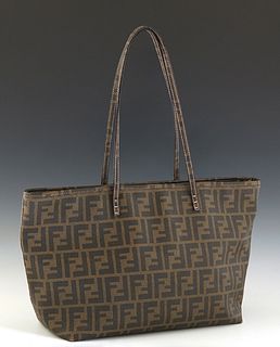 Fendi Tote Bag, with a dark brown zucca coated canvas, and gold brass hardware, opening to a dark pink Fendi pattern interior, H.- 10 in., W.- 17 in.,