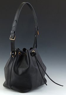 Louis Vuitton Black Epi Noe PM Shoulder Bag, in a black epi leather, with black leather straps and golden brass hardware, opening to a black line inte