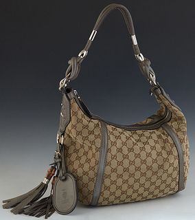 Gucci Techno Horsebit Hobo Bag, in beige monogram canvas with grey leather accents and silver hardware, opening to a beige canvas lined interior with 