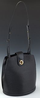 Louis Vuitton Cluny Shoulder Bag, in black epi leather with golden brass hardware, opening to a grey suede lined interior with a an open side pocket, 