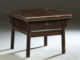 Chinese Carved Elm Kang Table, 19th c., Shanxi province, the thick reeded edge top over a wide skirt with a frieze drawer, on cylindrical legs, H.- 22