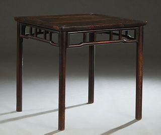 Chinese Carved Elm Side Table, 18th c., Shanxi Province, the rectangular top over a scalloped skirt, on sword legs joined by rectangular stretchers, H