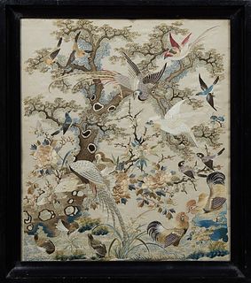 Chinese School, "Various Birds and Insect Specifies in Tree," early 20th c., silk thread on silk, presented in a black frame, H.- 17 1/2 in., W.- 15 1