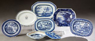 Seven Pieces of Blue and White Porcelain, 19th and 20th c., consisting of a Chinese circular bowl; a small English oval platter; an oval Chinese expor