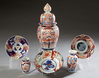 Group of Six Pieces of Japanese Imari, 20th c., consisting of a covered jar, 3 bowls, and 2 baluster vases, all in typical Imari palettes of orange, c