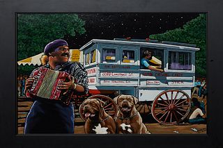 Tommy Yow (New Orleans), "Cajun Zydeco Festival," 21st c., acrylic on canvas, signed lower right, presented in a black frame, H.- 15 1/2 in., W.- 19 1