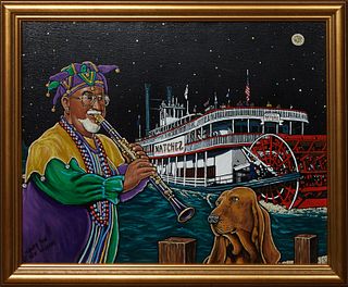 Tommy Yow (New Orleans), "Pete Fountain as Mardi Gras Jester and the Natchez," 21st c., acrylic on canvas, signed lower left, presented in a gilt fra
