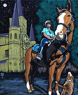 Tommy Yow (New Orleans), "The NOPD at Jackson Square," 21st c., acrylic on canvas, signed lower left, unframed, H.- 19 3/4 in., W.- 15 7/8 in. Provena