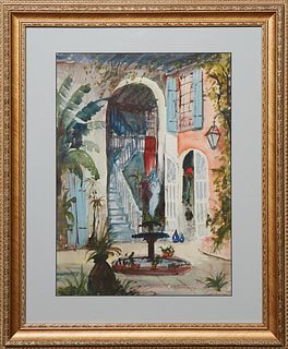 Nestor Fruge (1916-2012, Louisiana), "New Orleans Courtyard Scene," 20th c., presented in a gilt frame, H.- 16 in., W.- 11 1/2 in., Framed H.- 23 in.,