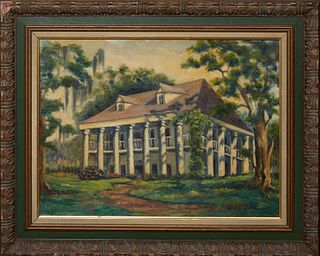 Billie Ditta, "The Hermitage," 1971, oil on canvas board, signed lower right, also signed, titled and dated en verso, presented in a carved wood and g