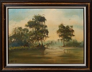 G. Weber (American), "Louisiana Swamp Scene," 1972, oil on canvas, signed and dated lower left, presented in a wood frame, H.- 17 1/4 in., W.- 23 1/4 