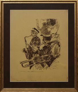 Alan Flattmann (1946-, New Orleans), "Study for Brass Trio," 20th c., charcoal on paper, signed and titled bottom middle, presented in a gilt frame, H