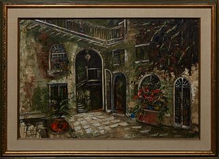 Melba Dukes Gianelloni (1914-2012, New Orleans), "Brulator Courtyard," c. 1969, oil on canvas, signed dated dated lower right, signed en verso, presen