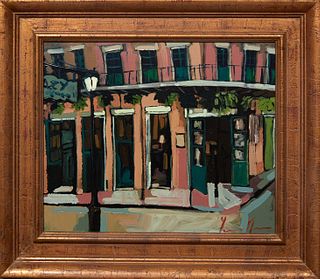 Y. Mora (New Orleans), "French Quarter Scene, New Orleans," 21st c., oil on canvas, signed lower right, presented in a gilt frame, H.- 19 1/2 in., W.-