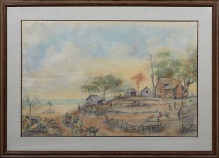 Burny Myrick (1919-, Louisiana), "Original Study for 'Homestead'," pastel and pencil on paper, study for painting that was included in the "Commerce A