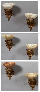 Set of Six French Alabaster and Bronze Wall Sconces, late 19th c, matching the previous lot, with a pierced oval relief decorated back plate, issuing 