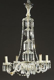 Late Victorian Prism-Hung Cut and Frosted Glass Four Arm Chandelier, late 19th c., with a cut glass vasiform stem with graduated frosted bobeches hung