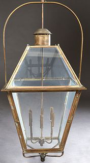 Large Contemporary Brass and Glass Six Light Gas Hanging Lantern, 20th c., with chain and canopy, H.- 48 in., W.- 22 in., D.- 22 in., matches next lot