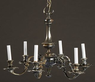English Silverplated Bronze Six Light Chandelier, early 20th c., the bulbous hexagonal support to a central orb issuing six scrolled arms with bronze 