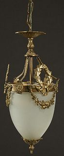 Brass and Frosted Glass Hall Light, 20th c., with a brass canopy to four brass hangers to a rim with pierced garland decoration, around a tapered fros