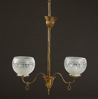 American Brass Two Light Gas Chandelier, early 20th c., the central shaft issuing two curved arms with gas cocks, now with contemporary Greek key desi
