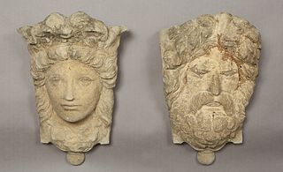Pair of Cast Stone Wall Planters, 20th c., in the form of a classical male and female head, H.- 19 1/4 in., W.- 13 in., D.- 8 in.