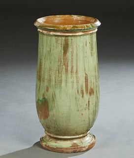 Large French Provincial Glazed Terracotta Footed Baluster Jar, 19th c., in green glaze, H.-25 in., Dia.- 13 in.