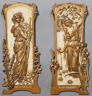 After Elisabeth Sonrel (1874-1953, French), "Fleurs des Eaux," and "Fleurs de Montagne," c. 1900, pair of Art Nouveau polychromed bas relief cast iron