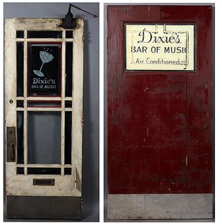 Two Large Oak Entrance Doors, from "Dixie's Bar of Music," New Orleans, one mullioned, with the name painted on the upper glazed panel, one solid with