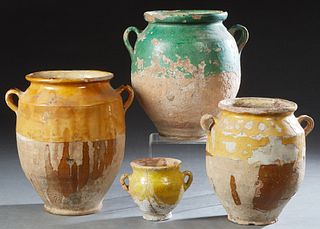 Group of Four French Provincial Partial Glazed Pottery Jars, 19th c., with applied ring handles, Tallest- H.- 12 3/4 in., W.- 11 1/2 in., D.- 9 1/2 in
