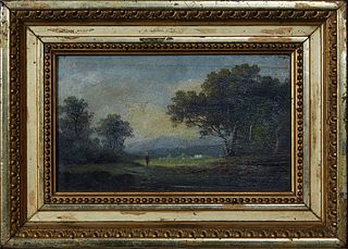 Continental School, "Fisherman at the Creek," early 20th c., oil on board, unsigned, presented in a gilt frame, H.- 4 1/4 in., W.- 7 1/4 in., Framed H