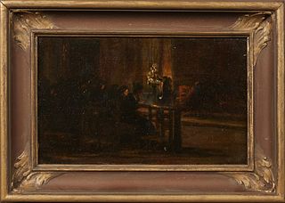 AL Humphreys, "Nuns at Service," early 20th c., oil on board, signed lower right, presented in a wood frame, H.- 5 1/8 in., W.- 8 3/8 in., Framed H.- 
