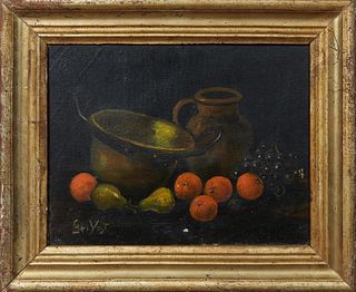 Continental School, "Still Life of Fruit and Jars," 20th c., oil on canvas, signed indistinctly lower left, presented in a stepped gilt frame, H.- 7 i