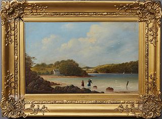 P.T. Good (English), "Mussel Gatherers in the River," 1879, oil on canvas, signed and dated lower right, canvas stamped "prepared by Windsor & Newton 