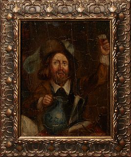 French School, "The Cavalier and His Wine," late 18th/early 19th c., oil on panel, inscribed verso, "Presented to B.B. Cill... October 1851, by J.O. A