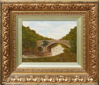 Continental School, "Stone Bridge Over River," 20th c., oil on board, unsigned, H.- 7 1/2 in., W.- 9 3/4 in.; framed H.- 15 1/2 in., W.- 17 1/2 in.