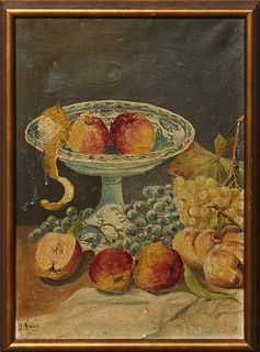 D. Reep (American), "Still Life with Apples and Grapes," 20th c., oil on canvas, signed lower left, presented in a wood frame, H.- 18 1/4 in., W.- 13 