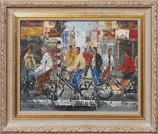 Josep Bonet Subirats (1965-, Spain), "Street Scene with Bicycles," 21st c., oil on canvas, signed lower left, presented in a gilt wood frame, H.- 11 3