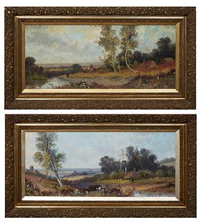 J. Hall (British), "English Countryside with Woman, Chickens and Cathedrals," and "English Countryside with Woman by River," early 20th c., oil on boa