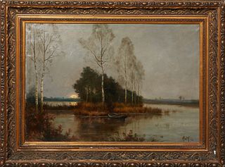 Mort R, "Sunrise on the Marsh," 1872, oil on canvas, signed and dated lower right, presented in a gilt frame, H.- 24 5/8 in., W.- 35 1/4 in., Framed H