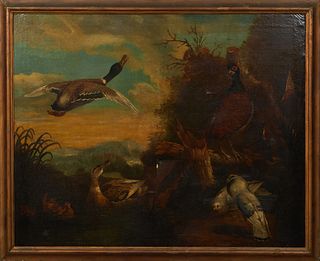 Continental School, "Birds in the Countryside," 19th c., oil on canvas, unsigned, presented in a wood frame, H.- 39 in., W.- 49 in., Framed H.- 44 1/4