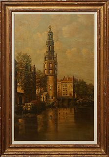 AJ Van den Heuvel-Bouman (Dutch), "View of the Montelbaanstoran on the Bank of the Oudeschans," 20th c., oil on canvas, signed lower left, presented i